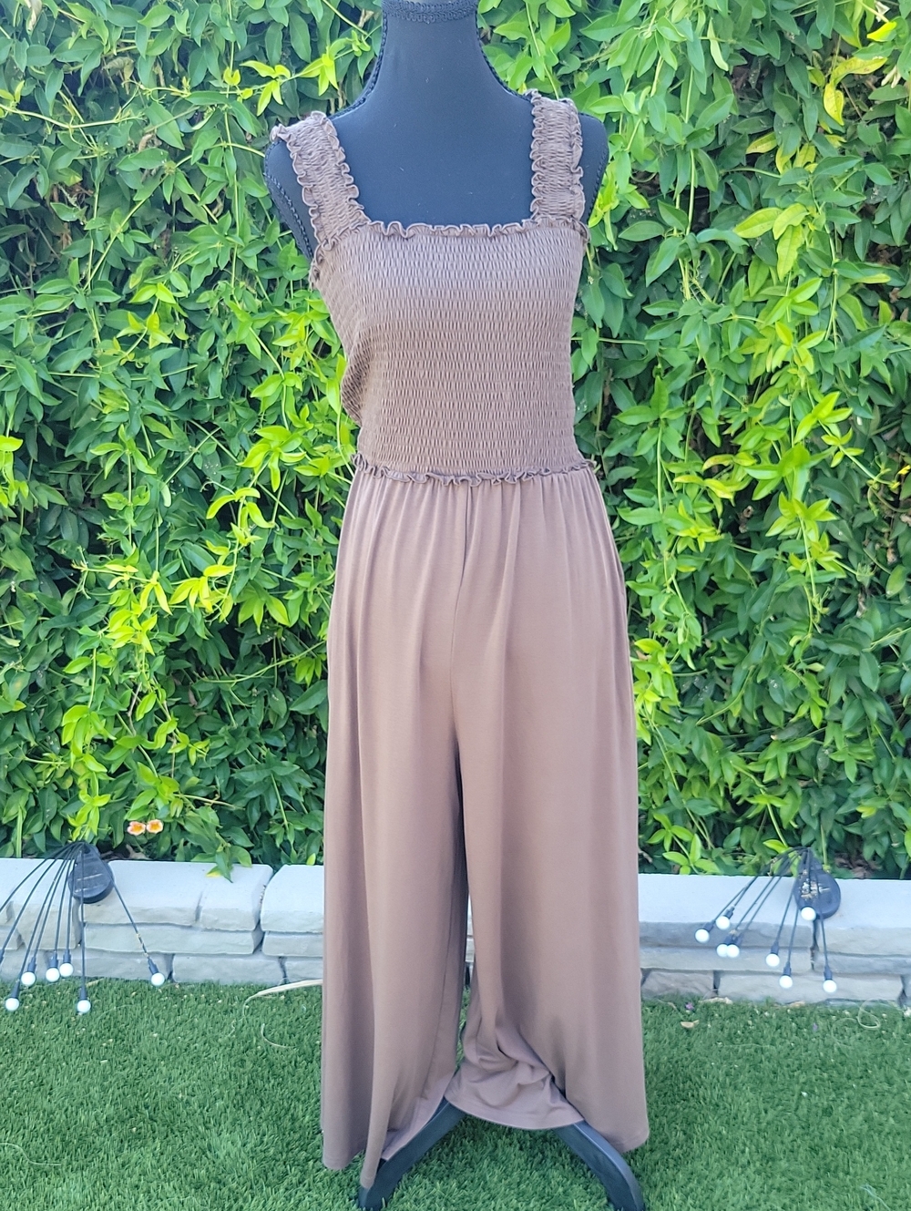 Brown Smocked Wide-Leg Jumpsuit With Pockets M
